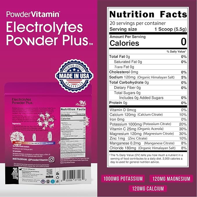 Electrolytes Powder Plus (20 Servings) Black Tea Hibiscus Electrolyte Powder Keto, Sugar Free, Pink Himalayan Salt,1000mg Potassium,120mg Calcium,120mg Magnesium, Hydration Powder