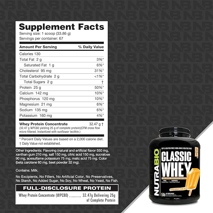 NutraBio Classic Whey Protein Powder- 25G of Protein Per Scoop - Full-Spectrum Amino Acid Profile - No Fillers, Artificial Colors, Preservatives - Orange Dream, 5 Pounds