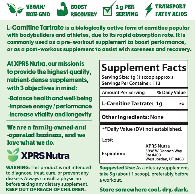 XPRS Nutra L Carnitine L Tartrate Powder - Premium Pure L Carnitine Tartrate - L-Carnitine Powder - Vegan Friendly Bulk L Carnitine Powder - Amino Acid L Carnitine Supplement (4 Ounce)