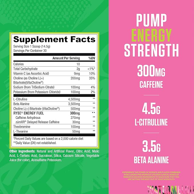 RYSE Loaded Pre Workout Powder - Sour Punch Watermelon - Daily Pre-Workout for Men & Women with 300mg Caffeine, Beta Alanine, and Citrulline for Pump, Focus, and Energy - 30 Servings