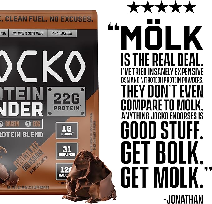 Jocko Fuel Mölk Whey Protein Powder 22g Protein - Low Sugar Monk Fruit Blend - Muscle Recovery & Growth, Packaging May Vary (31 Servings, Chocolate Milkshake)