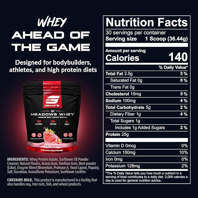 Granite Supplements The Meadows Whey Protein Isolate Protein Powder for Lean Muscle with 150 Calories, 2g Fiber, 1g Sugar (30 Servings), Fresh Strawberry Flavor