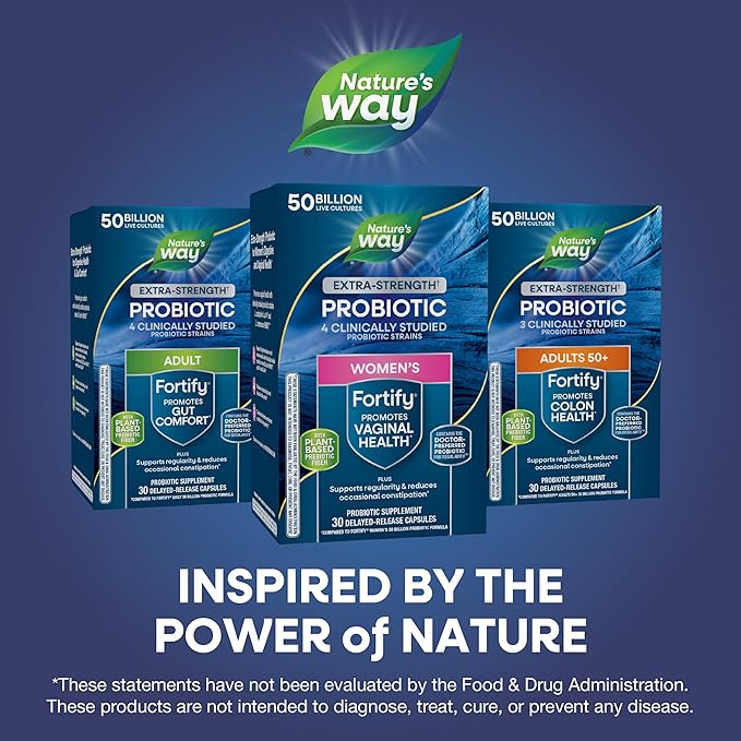 Nature's Way Women's Extra Strength** Fortify Probiotic, 50 Billion Live Cultures, Supports Digestive, Vaginal, & Immune Health*, Plant-Based Prebiotic Fiber, Non-GMO, 30 Capsules (Packaging May Vary)