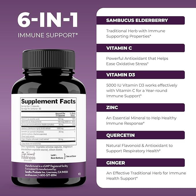 Sandhu's Elderberry Vitamin C & Zinc with Quercetin Capsules for Men & Women | Supports Immune Health | 120 Count (Pack of 1)