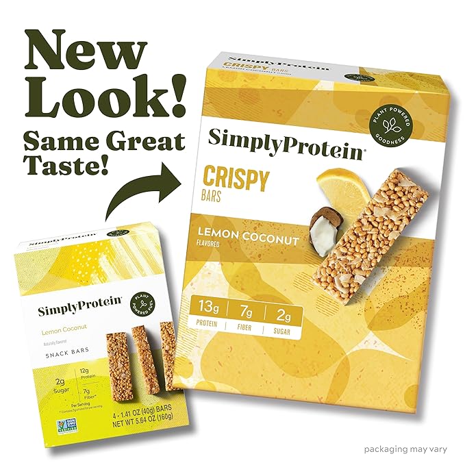 Simply Protein - Lemon Coconut Crispy Bars - Plant Based Protein Bars - Low Carb, Low Sugar, High Fiber - 13g Protein, 2g Sugar, 7g Fiber - Vegan, Gluten Free, Non GMO, Kosher - 4 Bars