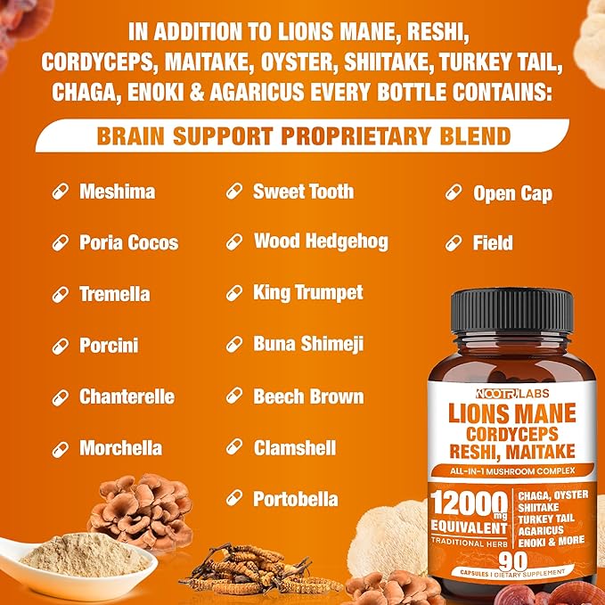 Mushroom Complex 12000mg Capsules - Lions Mane, Cordyceps, Reshi, Maitake - Nootropics Brain, Boosts Memory, Energy, Cognitive Function & Improves Focus, Immune System, Antioxidant - 90 Vegan Capsules