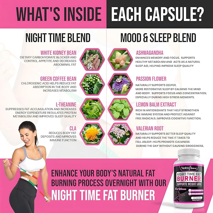 Fat Burner for Women | Weight Loss - Night Time Fat Burner with Carb Blocker & Appetite Suppressant | Less Craving | Belly Fat Burner & Thermogenic Metabolism Booster Made in USA | Third Party Tested