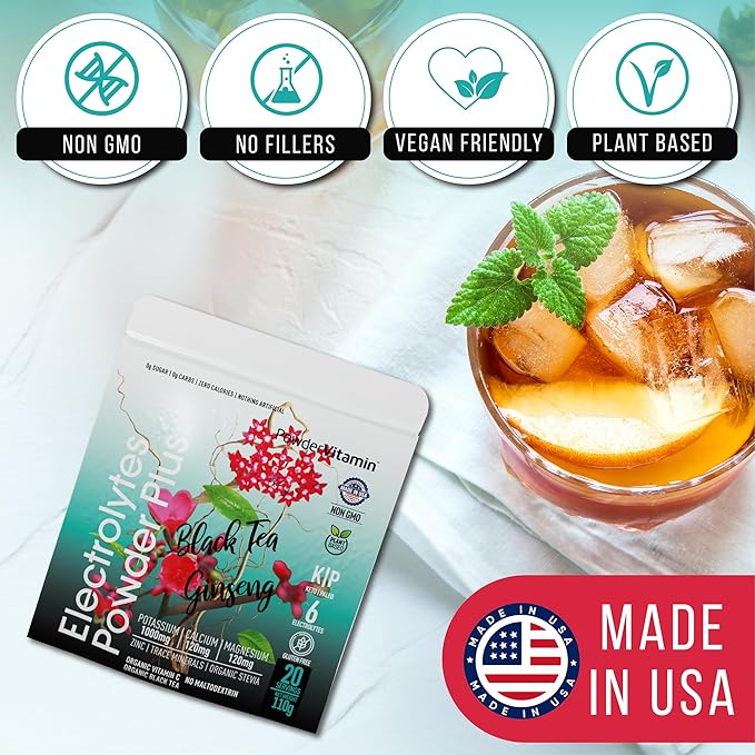 Electrolytes Powder Plus (20 Servings) Black Tea Ginseng Electrolyte Powder Keto, Sugar Free, Pink Himalayan Salt,1000mg Potassium,120mg Calcium,120mg Magnesium, Hydration Powder