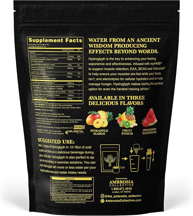 Ambrosia Hydroglyph Intraworkout Formula w/BCAA + EAA + Electrolytes Hydration Powder to Protect Lean Muscle, 0g Sugar Fasting Hydration Drink Mix, Made w/Coconut Water (Strawberry Watermelon)