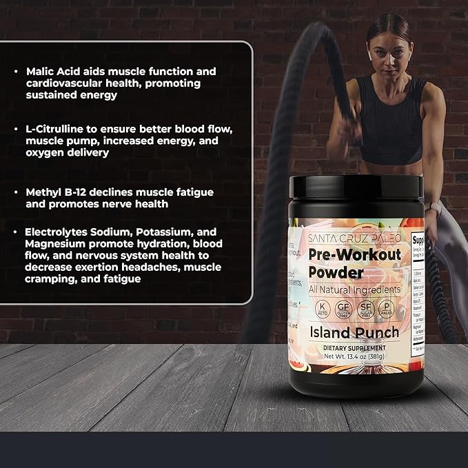 Santa Cruz Paleo Natural Pre Workout Powder, Island Punch, Keto Preworkout with Electrolytes Magnesium, Potassium, L-Citrulline, Caffeine Free, Sugar Free Drink Mix for Energy & Hydration, 30 Servings