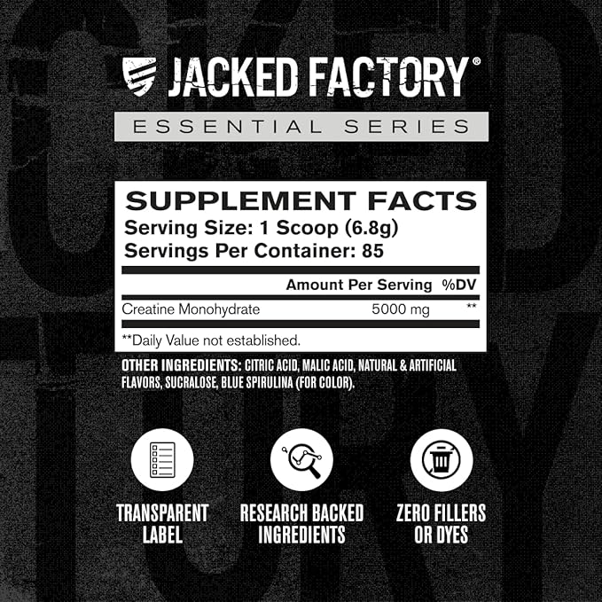 Jacked Factory Flavored Creatine Monohydrate Powder 425g - Creatine Supplement for Muscle Growth, Strength & Performance - 85 Servings, Blue Raspberry