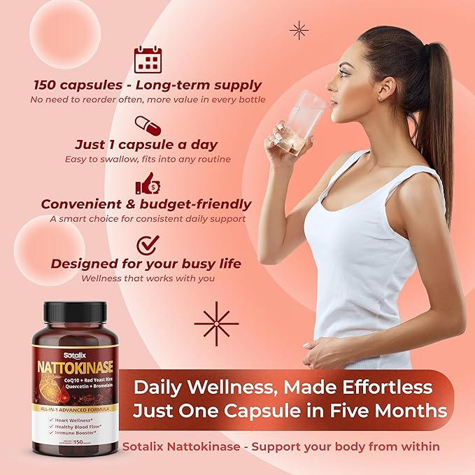 Nattokinase with CoQ10 + Red Yeast Rice Quercetin + Bromelain -Immune Booster - USA Made & Tested (150-day Supply (Pack of 1))