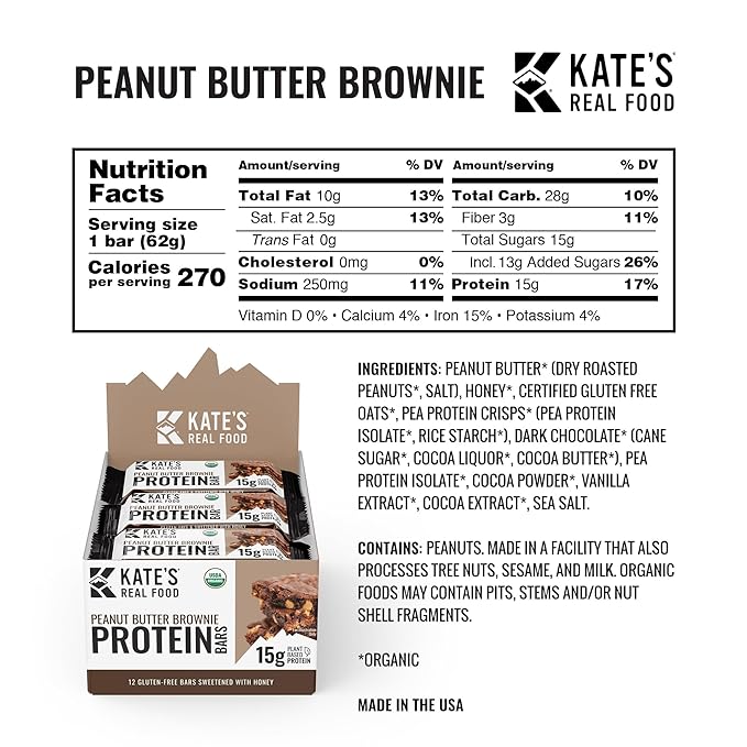 Kate’s Real Food Organic Protein Bars – (Peanut Butter Brownie, 2.2 oz, Pack of 12) – Plant Based Protein Bars - Gluten Free, Soy Free, Non GMO, Whole Grains, and All Natural