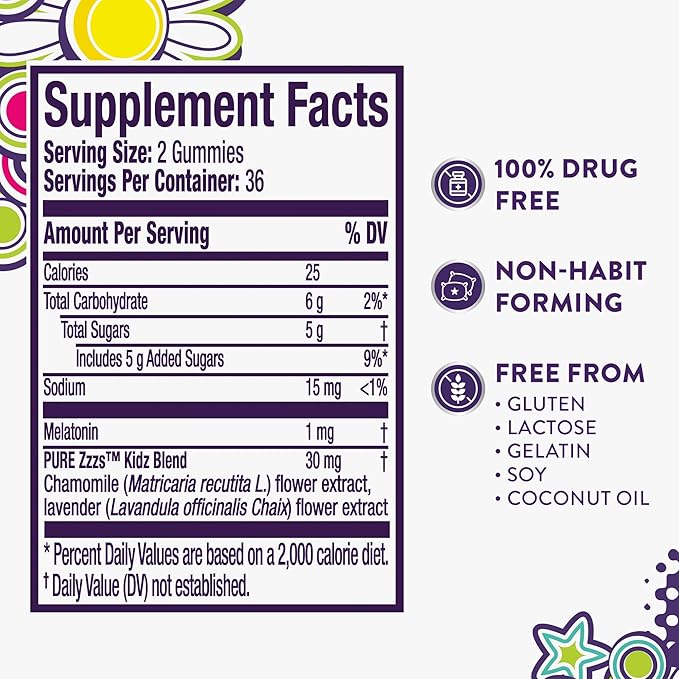PURE Zzzs Kidz, Kids Melatonin Gummy, Sleep Aid, Low Amount of Melatonin for Kids, with Chamomile and Lavender, Melatonin 1 mg, Melatonin Gummies Kids, Berry Flavored, 72 Sleep Gummies
