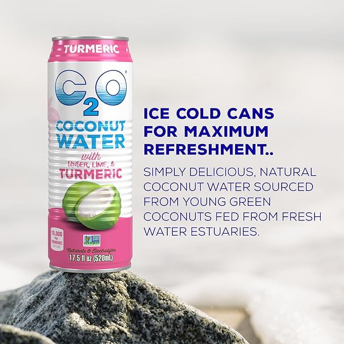 C2O - Coconut Water with Ginger, Lime, & Turmeric (12 Pack) - Made with Fresh Coconut Water - Plant Based - Non GMO - Canned Water - Natural Hydration, Electrolytes, & Potassium - 12 Cans, 17.5 FL OZ