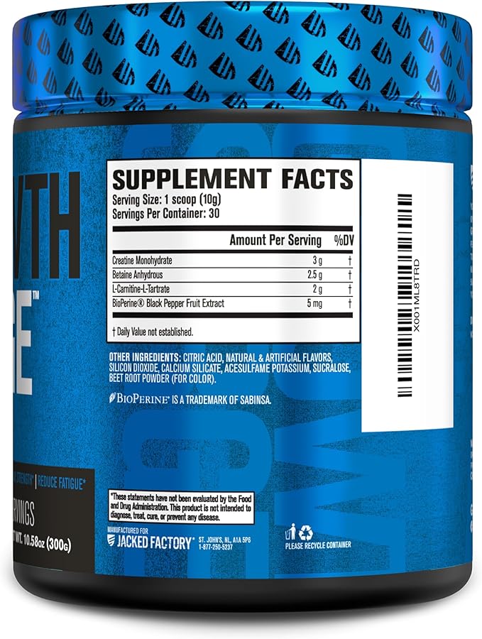 Jacked Factory Growth Surge Creatine Post Workout w/L-Carnitine - Daily Muscle Builder & Recovery Supplement with Creatine Monohydrate, Betaine, L-Carnitine L-Tartrate - 30 Servings, Swoleberry