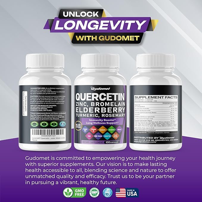 Quercetin Bromelain Zinc Vitamin D3 Elderberry Turmeric Rosemary Bilberry Sage Odorless Garlic Green Tea Milk Thistle Oregano -150 Capsules- Made in USA