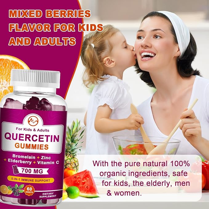 Quercetin Gummies with Bromelain, Elderberry, Zinc and Vitamin C - Chewable Quercetin 700 mg Supplement for Immunity, Allergy, Antioxidant Support - Vegan Gummies, 60 Gummies