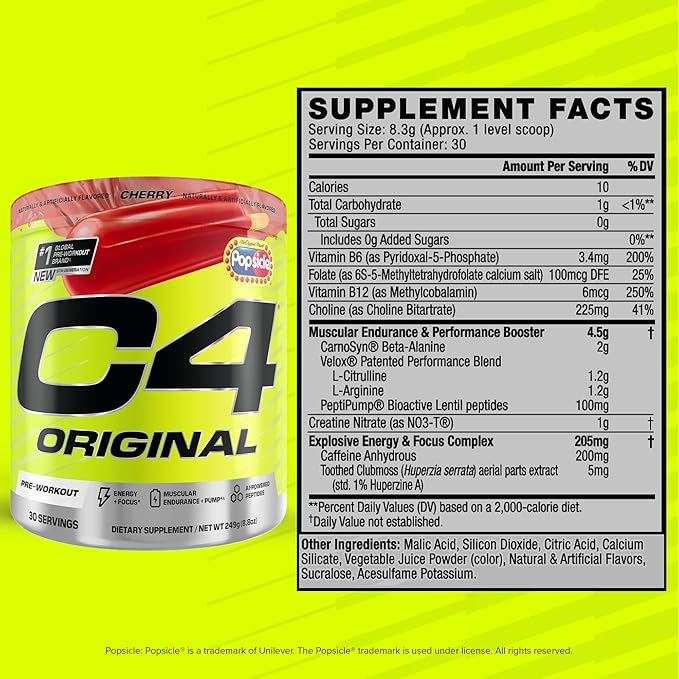 C4 Original Pre Workout – POPSICLE Cherry - Pre-Workout for Endurance, Focus & Performance with 200mg Caffeine, Beta-Alanine, Creatine Nitrate, L-Arginine & PeptiPump – Sugar Free, 30 Servings