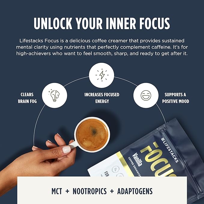 LIFESTACKS Focus Coffee Creamer for Energy & Clarity - MCT Powder + Nootropics + Adaptogens - Boost Productivity Without Jitters or Crash - Keto, Vegan, 0 Sugar - with Taurine, L-Tyrosine, Rhodiola