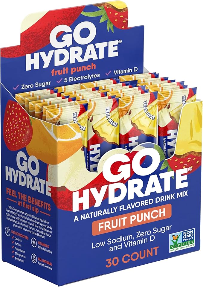 GoHydrate Instant Hydration Powder Packets - Low Sodium Electrolytes Drink Mix - Natural Hydration Support, Sugar Free Electrolyte Flavored Powder Drink with Vitamin D, 30 Packs, Fruit Punch