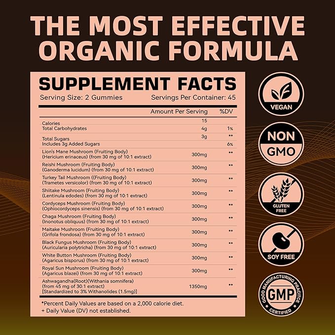 Mushroom Gummies - 10x Mushroom Supplement with Ashwagandha and Lions Mane (90 Chews) Nootropic Brain Supplement, Immune Support & Stress Relief-Coke Flavor