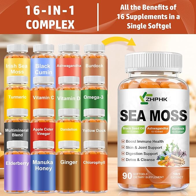 Organic Sea Moss Softgels with Black Seed Oil, Ashwagandha, Burdock, Turmeric, Elderberry, Omega 3 for Immune System, Skin, Joint, Energy, Gut Support 180-Count, 90 Days Supply