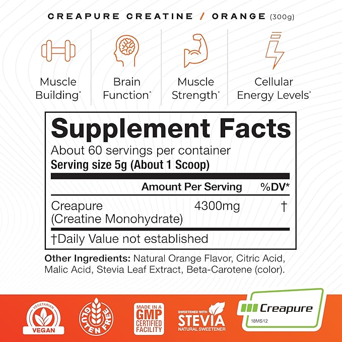 Muscle Feast Creapure Creatine Monohydrate Powder, Vegan Keto Friendly Gluten-Free Easy to Mix, Muscle Recovery Supplement and Best Creatine for Muscle Growth, Natural Orange, 300g