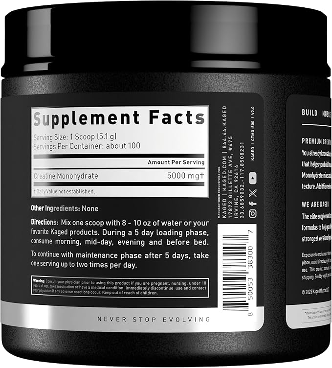 Kaged Creatine Monohydrate Micronized Powder, 100 Servings, Unflavored, Muscle Recovery and Growth Supplement for Men & Women, Vegan, Easily Digestible, Gluten Free, Keto Friendly