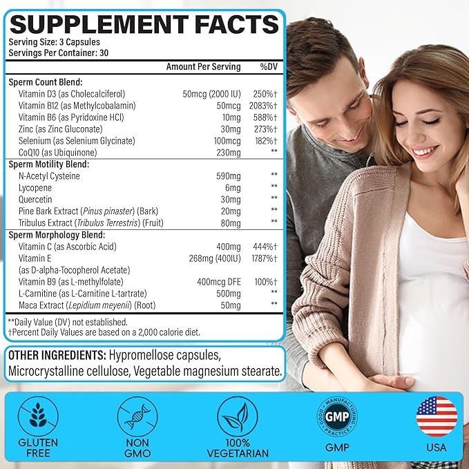 Male Fertility Supplements, Advanced Fertility Supplement for Men Optimal Sperm Count Motility & T-Level with Maca Root, Tribulus Terrestris, Zinc, CoQ10, Pre Conception for Him, 90 Caps