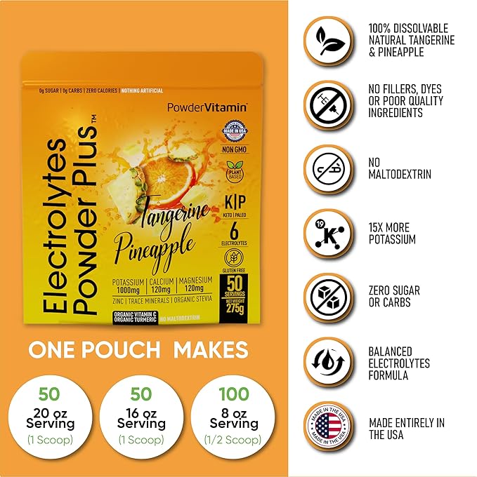 Electrolytes Powder Plus (50 Servings) Tangerine Pineapple Electrolyte Powder 0 Calorie Keto, 0 Sugar, No Maltodextrin,1000mg Potassium,120mg Calcium,120mg Magnesium, Hydration Powder