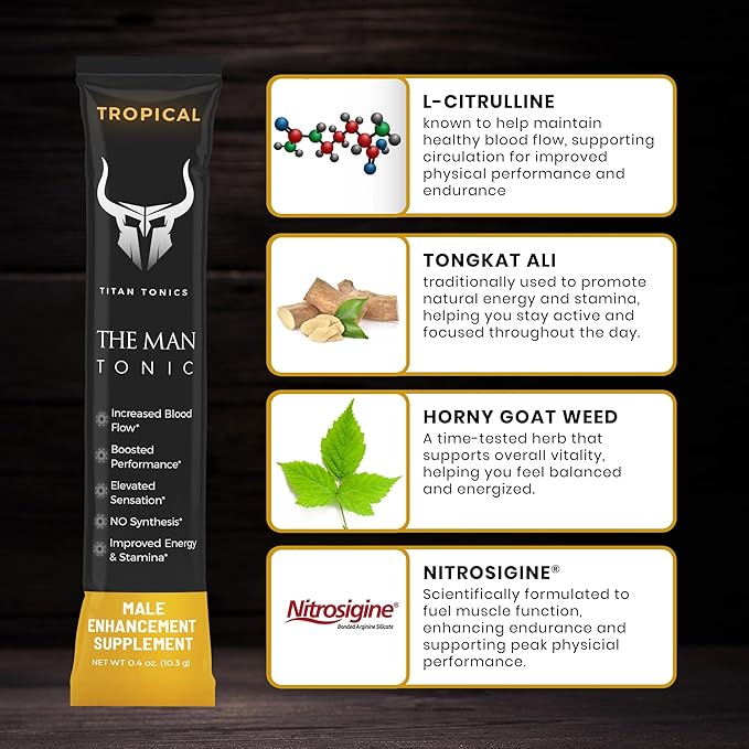 Extra Strength Male Enhancing Supplement Powder–Tongkat Ali, Maca Root, Beet Root, Horny Goat Weed, L-Citrulline–Nitric Oxide Booster & Testosterone Support for Men (Tropical-1 Stick)