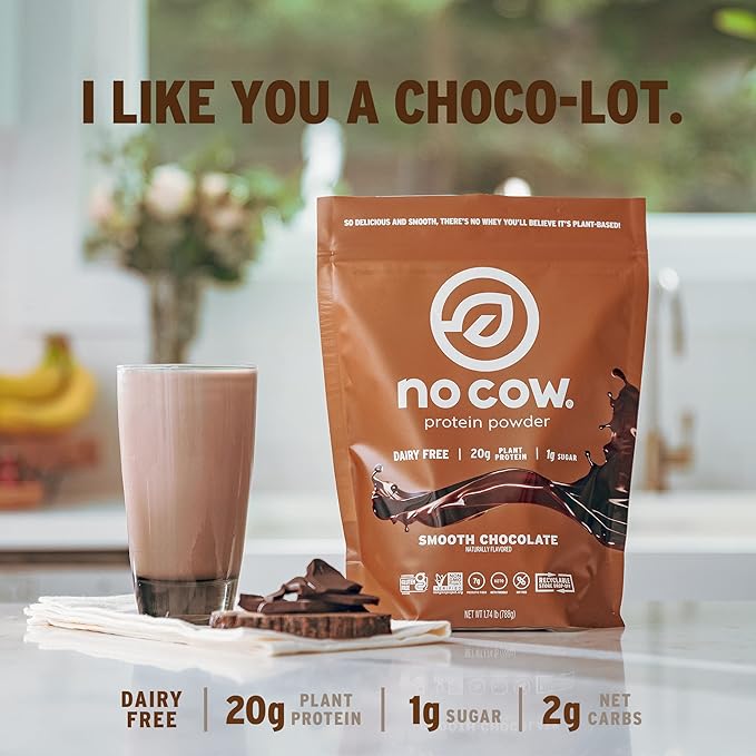 No Cow Vegan Protein Powder, Chocolate, 20g Plant Based Protein, Recyclable Bag, Dairy Free, Soy Free, No Sugar Added, Keto Friendly, Gluten Free, Naturally Sweetened, Non GMO, Kosher, 1.74 Pound