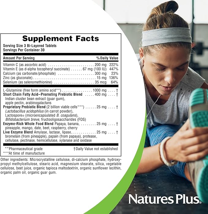 Natures Plus GI Natural Total Digestive Wellness - 90 Bi-Layered Tablets, Pack of 3 - with L-Glutamine, Probiotics, Prebiotics & Enzymes - Gluten Free - 90 Total Servings