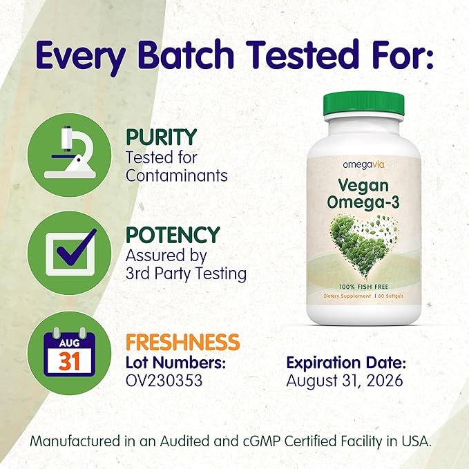 OmegaVia Vegan Omega 3 Supplement, Algae Omega 3 Fish Oil Alternative, 300mg Vegan DHA Fatty Acids, Plant Based, Planet and Ocean Friendly, IAOS 5 Star Tested, 60 Softgels