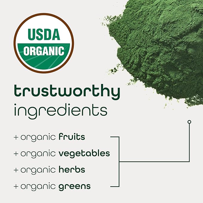 Organic Super Greens Powder, 70+ Superfoods, 0 Sugar, 3G Fiber, Spirulina, Chlorella, Antioxidants, Prebiotics/Probiotics, Digestive Enzymes, Mango, 30 Drink Mix Packets