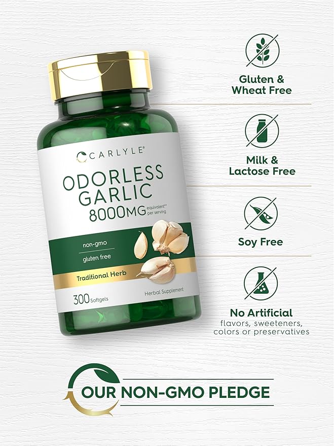 Carlyle Odorless Garlic Softgels 8000 mg | 300 Count | High Potency Formula | Non-GMO and Soy Free