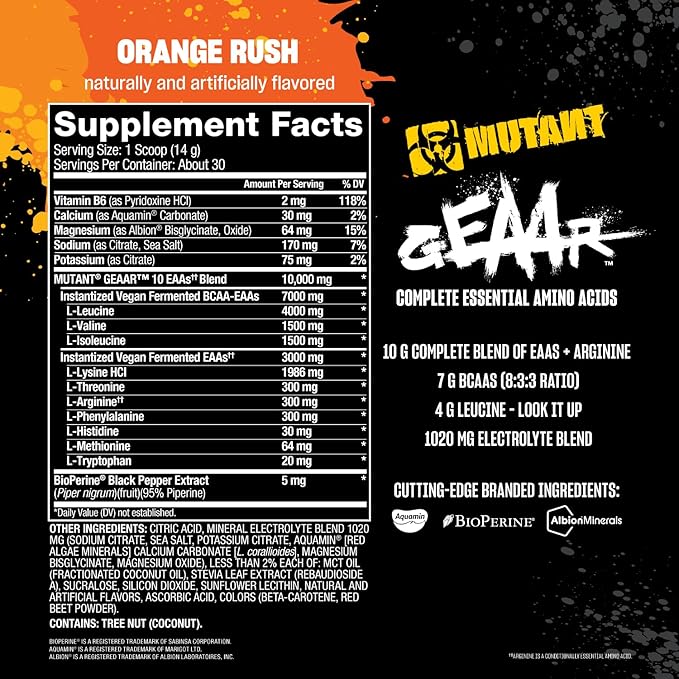 Mutant GEAAR - 9.4g of EAA Powder + Arginine, 7g BCAAs, 4g Leucine, Electrolytes, Coconut Water, 30 Servings (Orange Rush)
