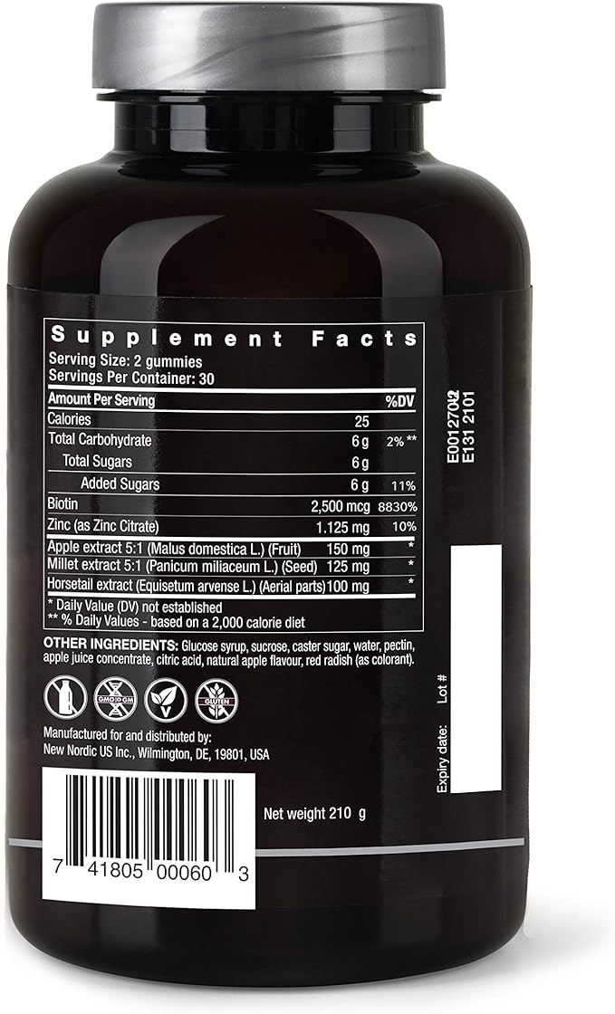 NEW NORDIC Hair Volume Gummies, 2500 mcg Biotin, Daily Hair Vitamins Supplement to Support Hair Skin & Nails, Vegan, 60 Count (Pack of 1)