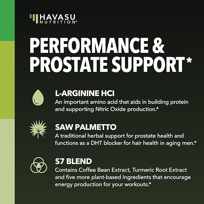 L-Arginine 500mg and Saw Palmetto 500mg - Nitric Oxide and Prostate Health Supplements for Men - 60 Count - Endurance and Urinary Tract Function Support - 1 Month Supply - Vegan, Non-GMO Capsules