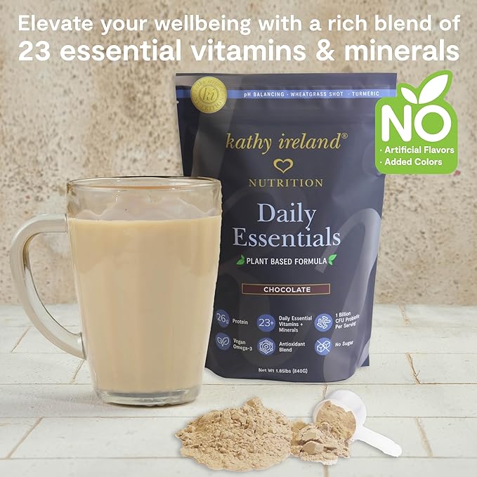 Kathy Ireland Nutrition Daily Essentials Plant-Based Protein Powder for Women, 26g Vegan Protein, Lean Meal Replacement - Chocolate