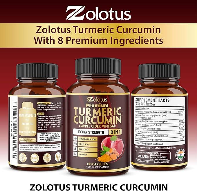 7 in 1 Turmeric Curcumin + Apple Cinder Vinegar Capsules, 6 Month Supply with Ashwagandha, Ginger, Garlic Bulb, 180 Capsules
