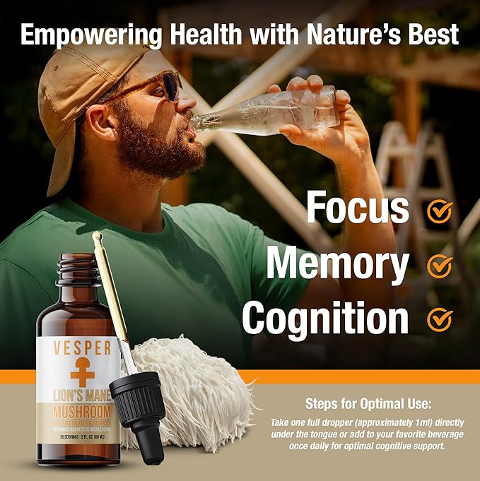 Vesper Lion’s Mane Mushroom Liquid Extract - Double Extraction with Wild Huckleberries for Brain Health, Cognitive Support, Focus & Immune Wellness, USA-Grown, for Clarity & Mental Performance – 2oz