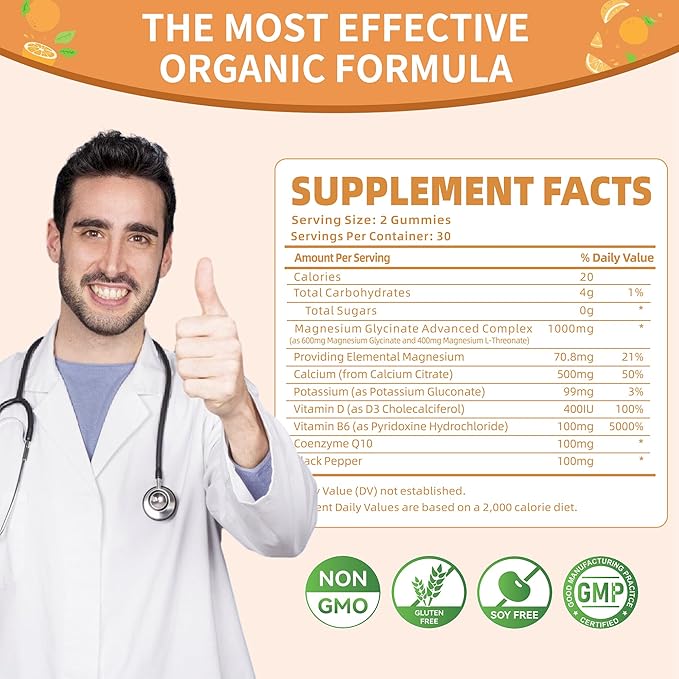 Magnesium Glycinate Gummies 1000mg - Sugar Free Magnesium Potassium Supplement with Vitamin D, B6, CoQ10 for Calm Mood & Sleep Support - 60 Orange Gummies -1 Pack