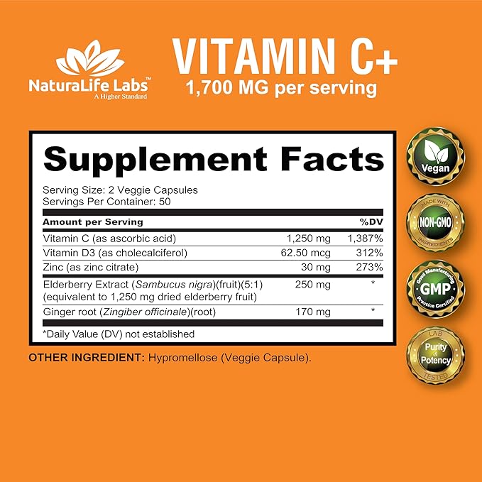 NaturaLife Labs A Higher Standard Vitamin C 1,700 MG with Vitamin D3, Zinc, Elderberry, Ginger Root - Maximum Strength Multi System Immune Support- 100 Veggie Capsules