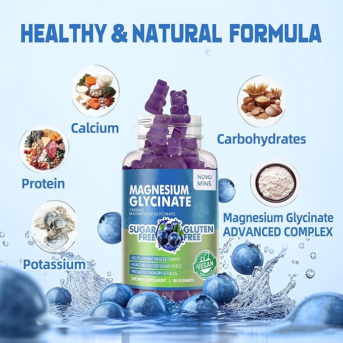 90 CT Magnesium Glycinate Gummies 1000mg - Sugar Free Magnesium Potassium Supplement with Vitamin D, B6, CoQ10 for Calm Mood & Sleep Support - 90 Blueberry Gummies.
