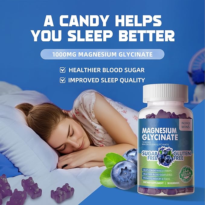 90 CT Magnesium Glycinate Gummies 1000mg - Sugar Free Magnesium Potassium Supplement with Vitamin D, B6, CoQ10 for Calm Mood & Sleep Support - 90 Blueberry Gummies.