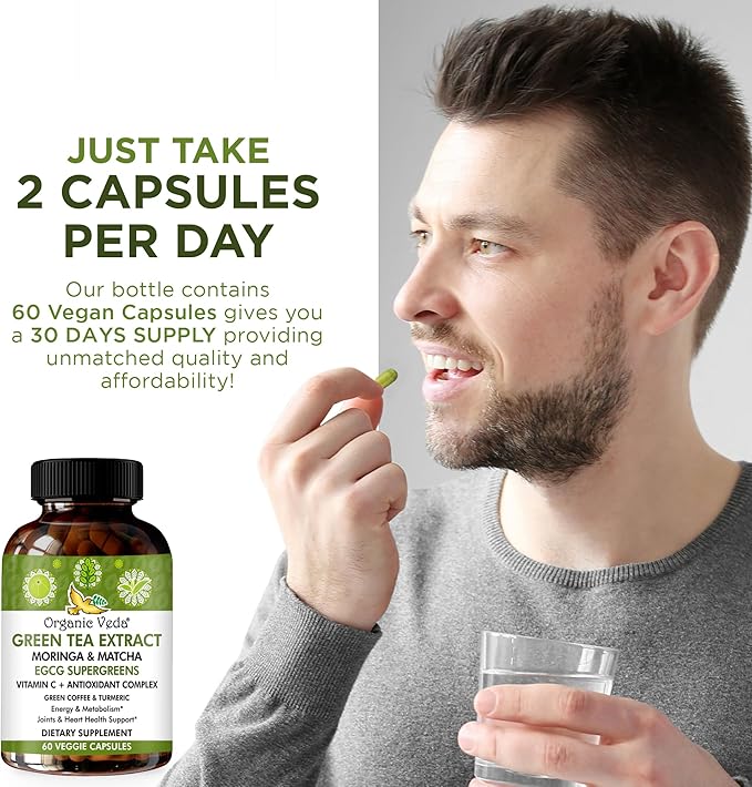 Organic Veda Green Tea Extract ECGC Capsules - Antioxidants Rich Matcha, Green Coffee Bean, Turmeric, Moringa, Vitamin C - Energy, Metabolism, Brain, Immune & Heart Health Supplement - 60 Pills