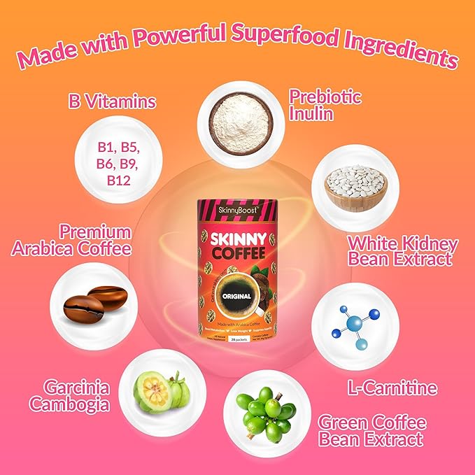 Skinny Boost Instant Skinny Coffee Sticks (Vanilla) - Made with Arabica Coffee Beans, Garcinia Cambogia, Green Tea Extract, B Vitamins, Fiber and Prebiotics –Sugar Free-Keto Friendly (28 Packets)