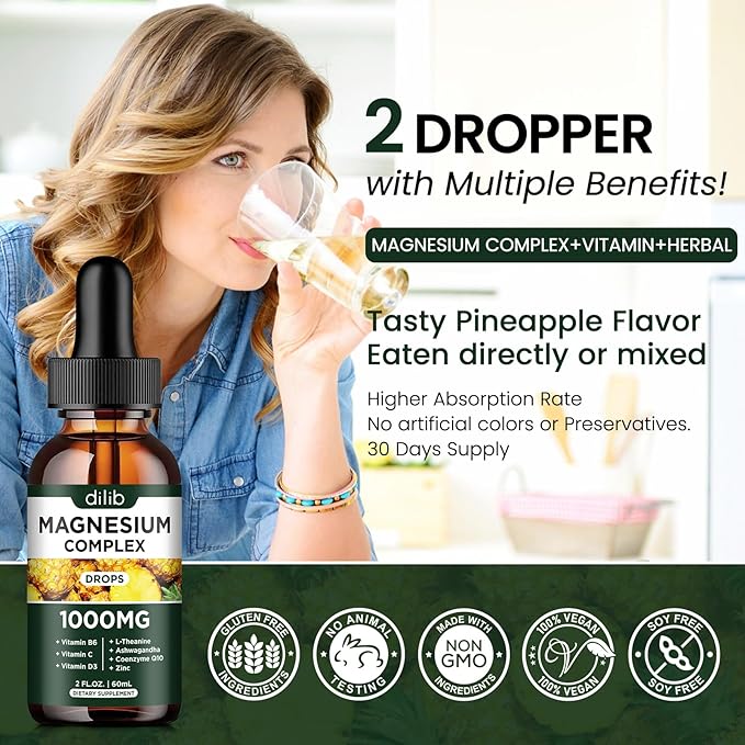Triple Magnesium Complex Supplement, Magnesium Glycinate, Blend, Citrate Liquid Drops 1000mg with Ashwagandha, CoQ10, Vitamin B6, C, D, Zinc - Vegan Pineapple Flavor
